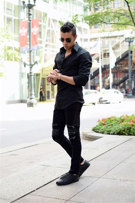 Men's Black Long Sleeve Shirt, Black Leather Jeans, Black Leather Low ...