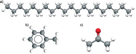 Chemical structures of a) eicosane, b) toluene and c) acetone ...