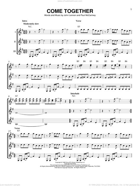 Beatles - Come Together sheet music for guitar ensemble [PDF]