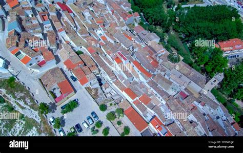 An aerial view of an ancient small town Castellfollit de la Roca on a ...