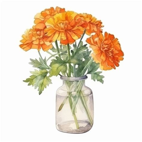 Premium Photo | Watercolor Marigold Bouquet In Vase