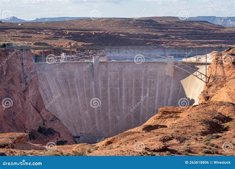 Aerial View of the Historic Glen Canyon Dam with Low Water Levels in Page, Arizona Stock Photo ...