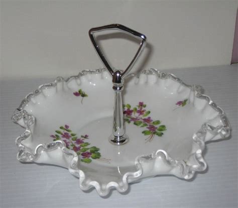 Fenton Silver Crest Violets in the Snow Center Handle Bon Bon $36.00 | Milk glass collection ...