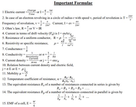 CBSE Class 12 Phyiscs - Current electricity Formulae Concepts for Physics Revision notes