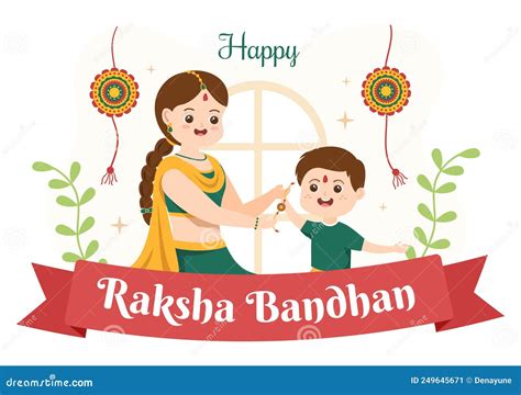 Happy Raksha Bandhan Cartoon Illustration with Sister Tying Rakhi on Her Brothers Wrist To ...