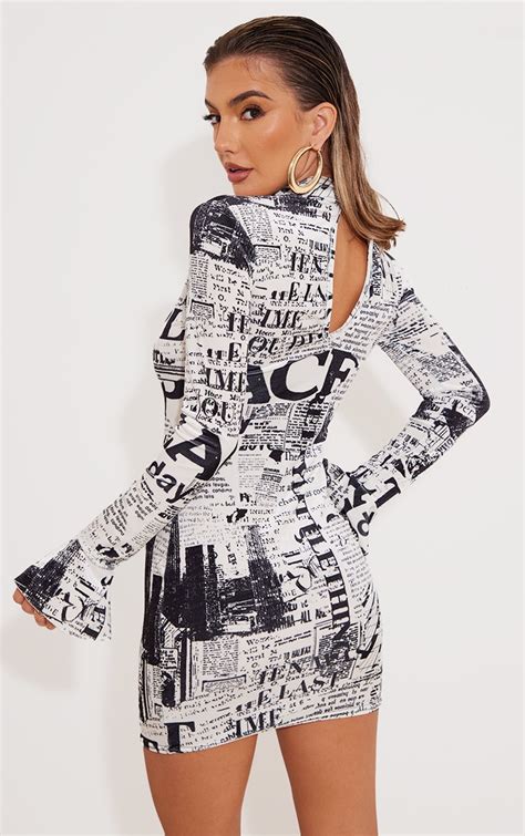 Monochrome Newspaper Velvet Wired Bodycon Dress | PrettyLittleThing CA