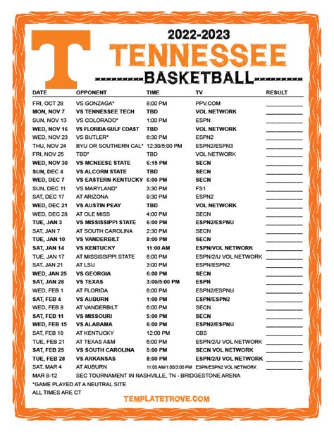 Printable 2022-2023 Tennessee Volunteers Basketball Schedule