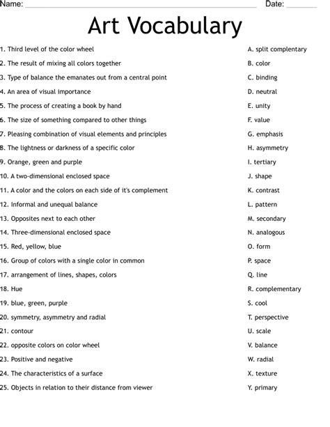 Art Vocabulary Worksheet - WordMint