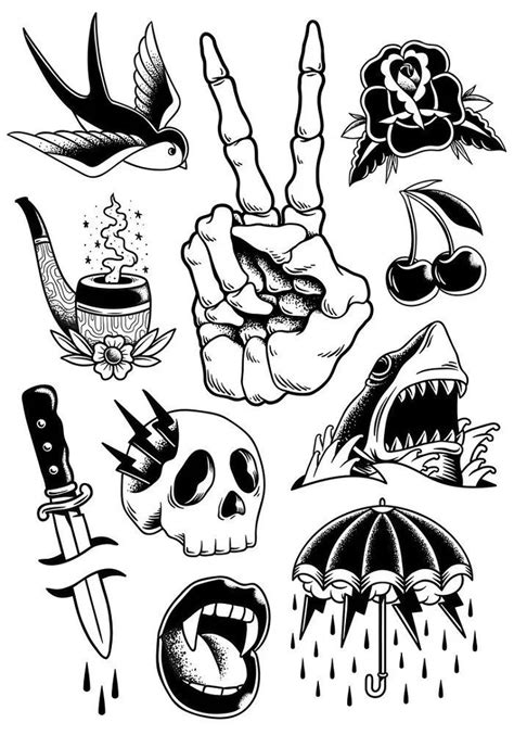 black and white drawing of different kinds of tattoos on the arm, head ...