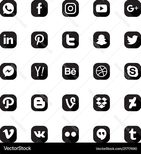 Social media icon set black white color Royalty Free Vector