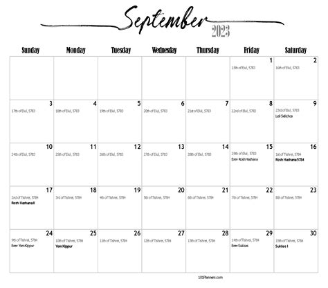 September 2023 Calendar With Jewish Holidays - 2023 Printable Calendar