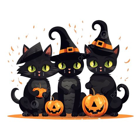 Halloween Cats, Black Cats With A Pumpkin, In Costumes And With A Potion, Flat Vector ...