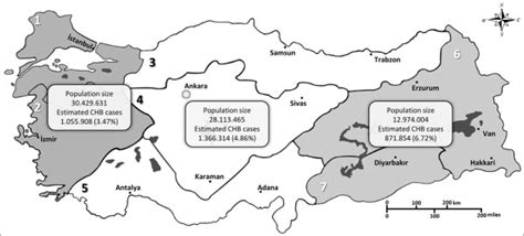 Map of Turkey according to regions, population size per region and the ...