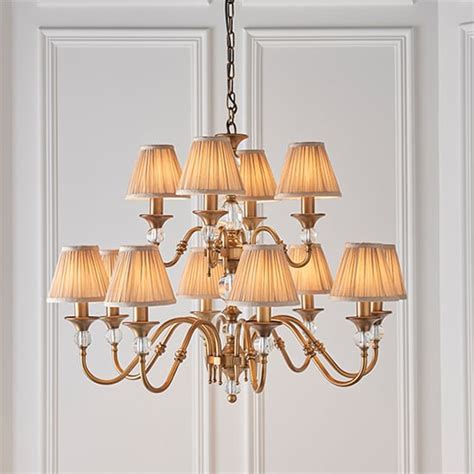 Polina 12 Lights Pendant Light In Antique Brass With Beige Shades | Furniture in Fashion