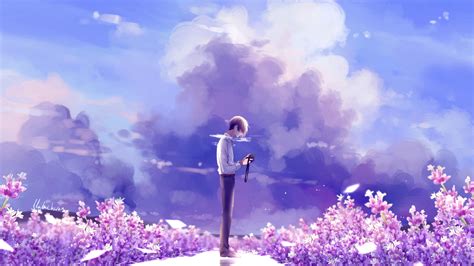 1920x1080 Animeguy Animemanga Clouds Digital Flowers Illustration Lavender Laptop Full HD 1080P ...