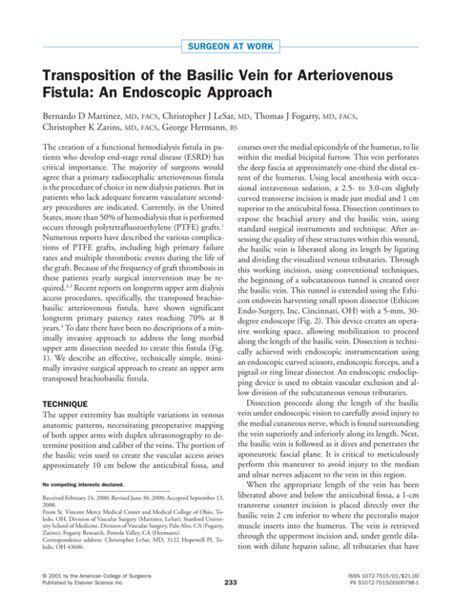 Transposition of the Basilic Vein for Arteriovenous Fistula: An