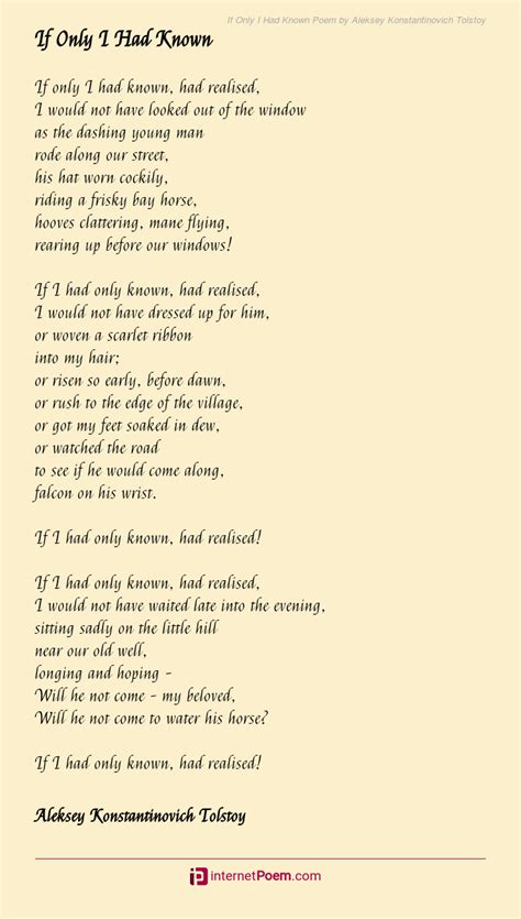 If Only I Had Known Poem by Aleksey Konstantinovich Tolstoy