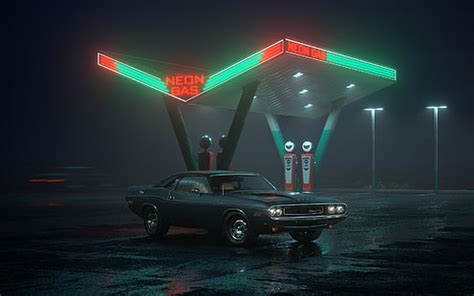 HD wallpaper: gas stations, urban, night, car, street light, neon ...