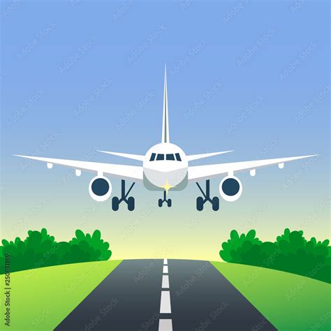 Airplane is landing or taking off on the runway. Plane in the sky and ...