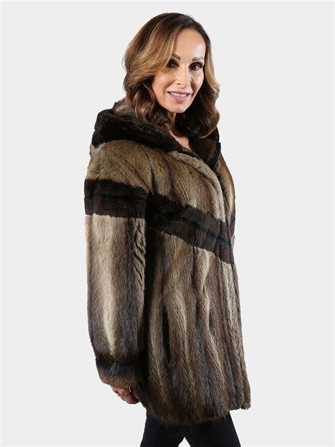 Natural Muskrat Fur Parka with Sheared Muskrat Design - Estate Furs