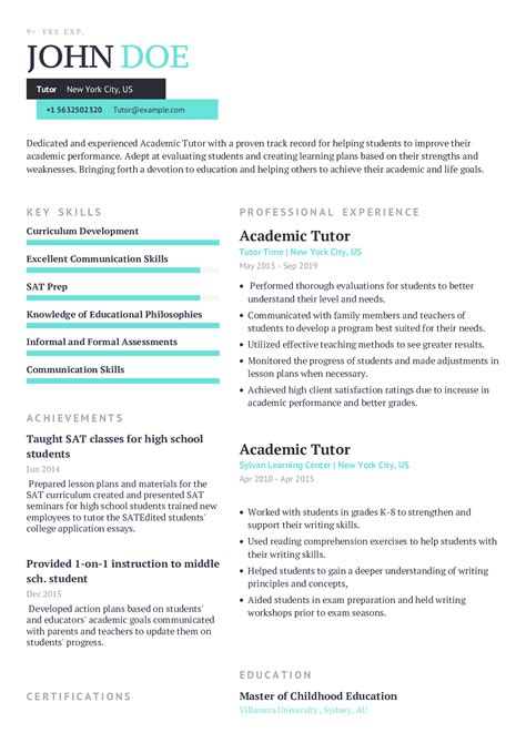 Tutor Resume Example With Content Sample | CraftmyCV