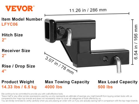 VEVOR Trailer Hitch Riser, for 2" Receiver with 4" Rise/Drop, Trailer ...