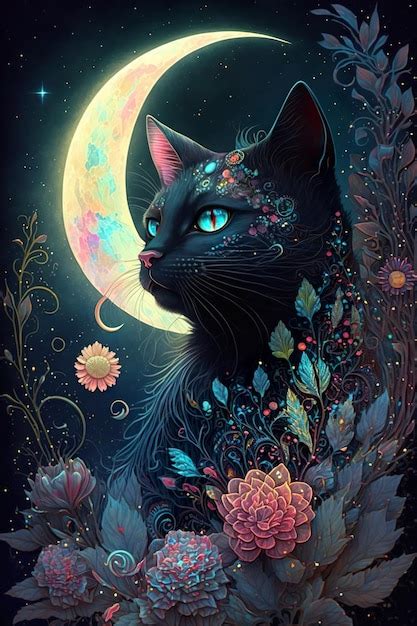 Premium Photo | Mystical Moon Cat Flowers Generated AI