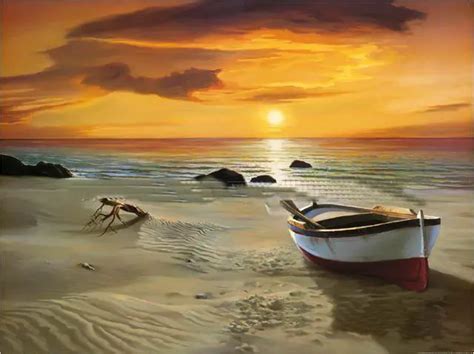 Musuem Quality!! Wall Art Painting,The Beach ,Boat and Sunset !! Handpainted Art Painting ...