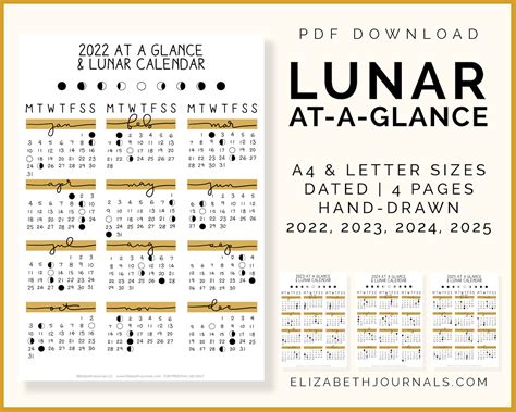 Lunar Calendar At-a-glance Moon Phases 2022 2025 - Etsy