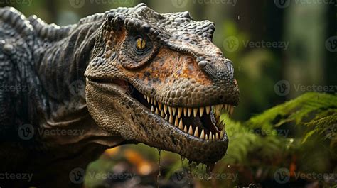 Close-up photo of a Tyrannosaurus Rex looking in their habitat ...