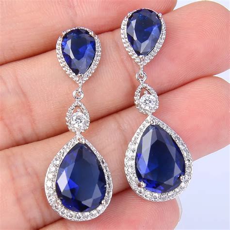 BELLA Fashion Blue Tear Drop Bridal Earrings Cubic Zircon Pierced Earrings Wedding Accessory For ...