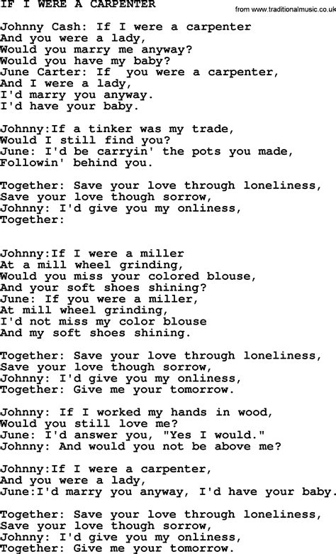 Johnny Cash song: If I Were A Carpenter, lyrics