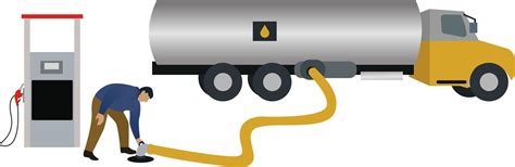 Yellow tank truck unloading gasoline in a gas station, a tanker truck ...