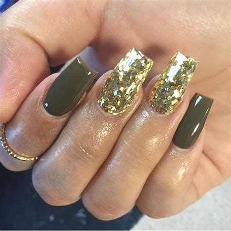 olive green & gold | Olive nails, Green nails, Gold nails