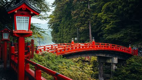 Download wallpaper 3840x2160 bridge, red, lights, forest, japan 4k uhd 16:9 hd background