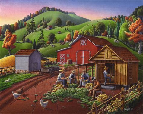 Folk Art Americana - Farmers Shucking Harvesting Corn Farm Landscape - Autumn Rural Country ...