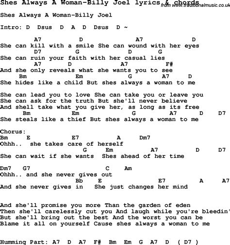 Love Song Lyrics for:Shes Always A Woman-Billy Joel with chords.