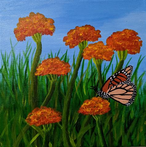 Original Acrylic Painting of a Monarch Butterfly and Marigolds, Floral and Insect Wall Art, 10 X ...