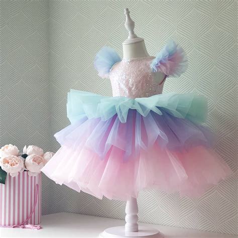 3-10Yrs Girls Rainbow Unicorn Princess Dress Girl Party Dress Tulle Fabric Princess Ball Dress ...