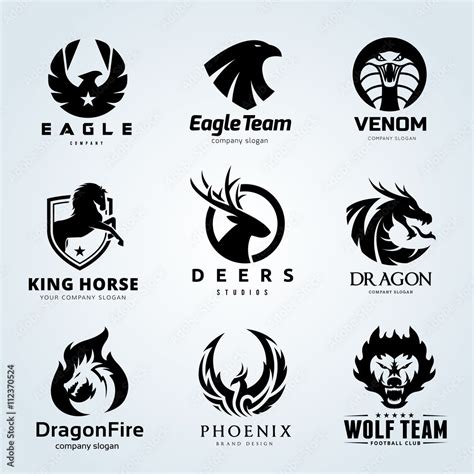 Animal logo collection. Animal logo set. Eagle logo. Snake logo. Dragon ...