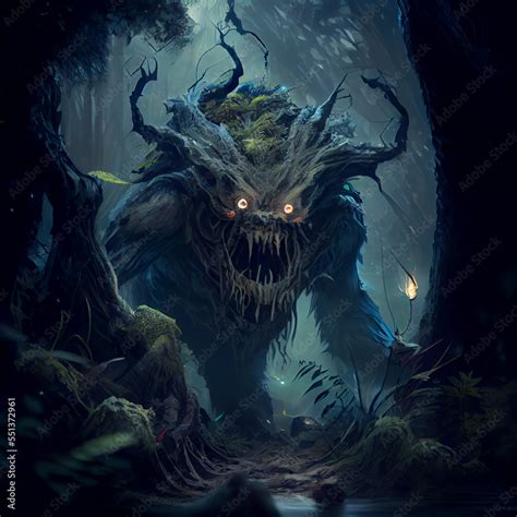 Scary monster in the dark forest. Fear and horror Stock Illustration | Adobe Stock