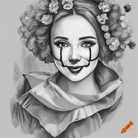 Detailed pencil drawing of a clown girl on Craiyon