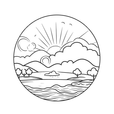 Black And White Sketch Of A Landscape And Sunrise Outline Drawing ...