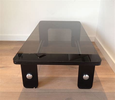 Mid Century Coffee Table in Black Wood, Chrome and Smoked Glass for sale at Pamono