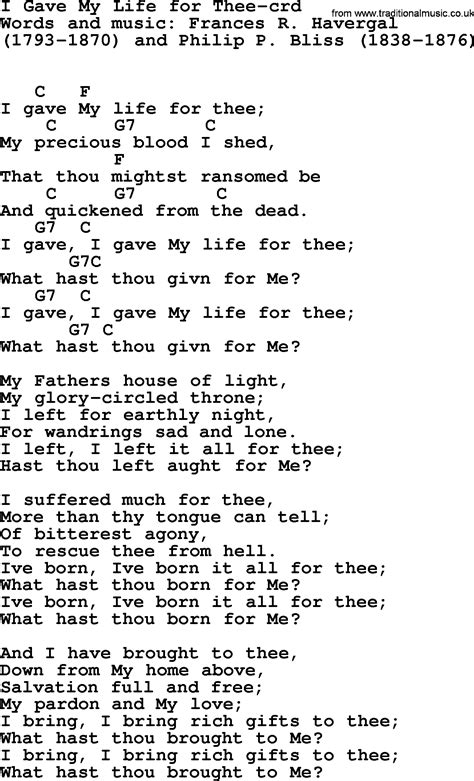 Hymns about God's Forgiveness, title: I Gave My Life For Thee - lyrics, chords and PDF