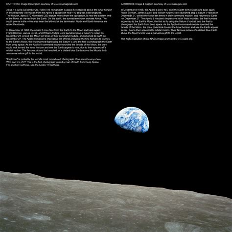 FAMOUS EARTHRISE HIGH RESOLUTION Space Image NASA Apollo 8 Space Mission Photograph Earth Rising ...