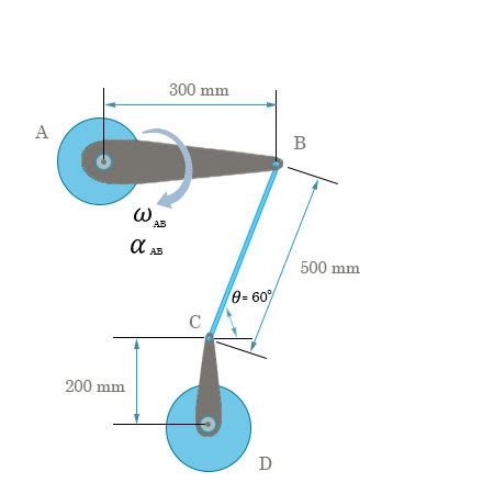 Member AB has the angular velocity \omega_{AB} = 5 rad/s and angular acceleration \omega AB = 8 ...