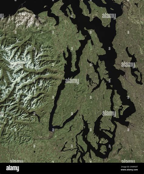 satellite image of Puget Sound, Seattle, Olympic Mountains Washington ...