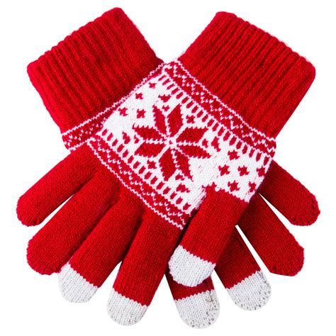 Cute Christmas Warm Winter Gloves Snowflake Printed Knitted Touch ...