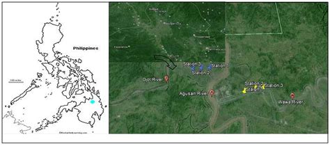 Map showing Agusan River and the two tributaries namely Wawa and Ojot... | Download Scientific ...